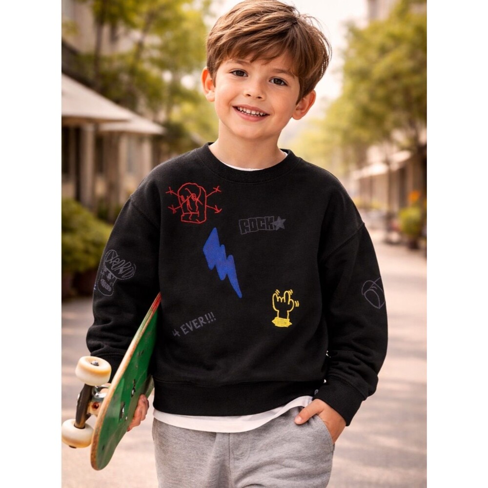 MOLO Marlin Boys Crewneck Black Graphic Rockstar Print Crew Sweatshirt Size 6Y